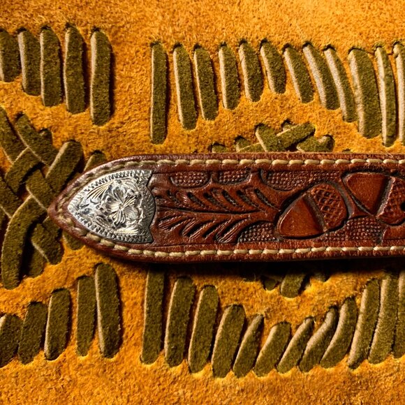 Vogt western hand tooled sterling silver acorn leaf embossed leather belt - Picture 3 of 13